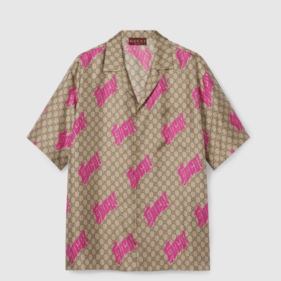 구찌 프린트 코튼 포플린 볼링 셔츠