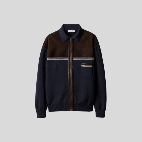 미우미우 울 및 가죽 지퍼 가디건