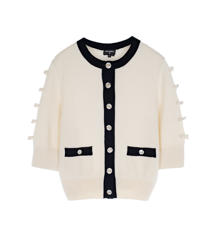 샤넬 블랙 앤 화이트 리본 가디건
